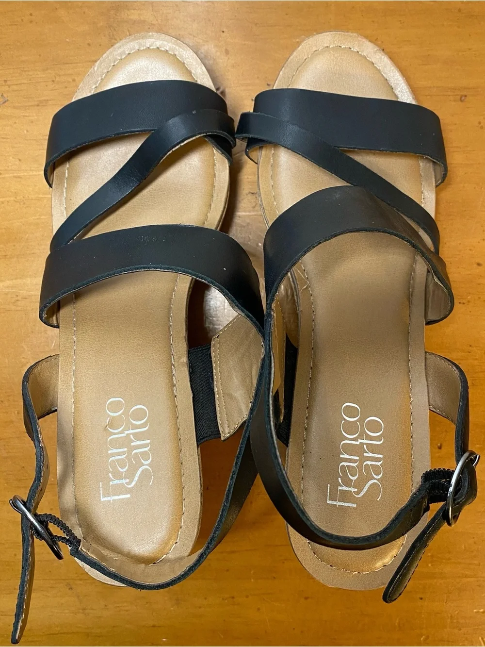 Franco Sarto Women’s 7 Black Leather Strappy Cork Wedges Heels Cooper Sandals